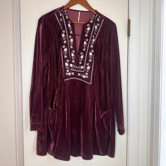 Free People Embroidered Velvet Tunic Dress Womens Size S Burgundy - Picture 1 of 7